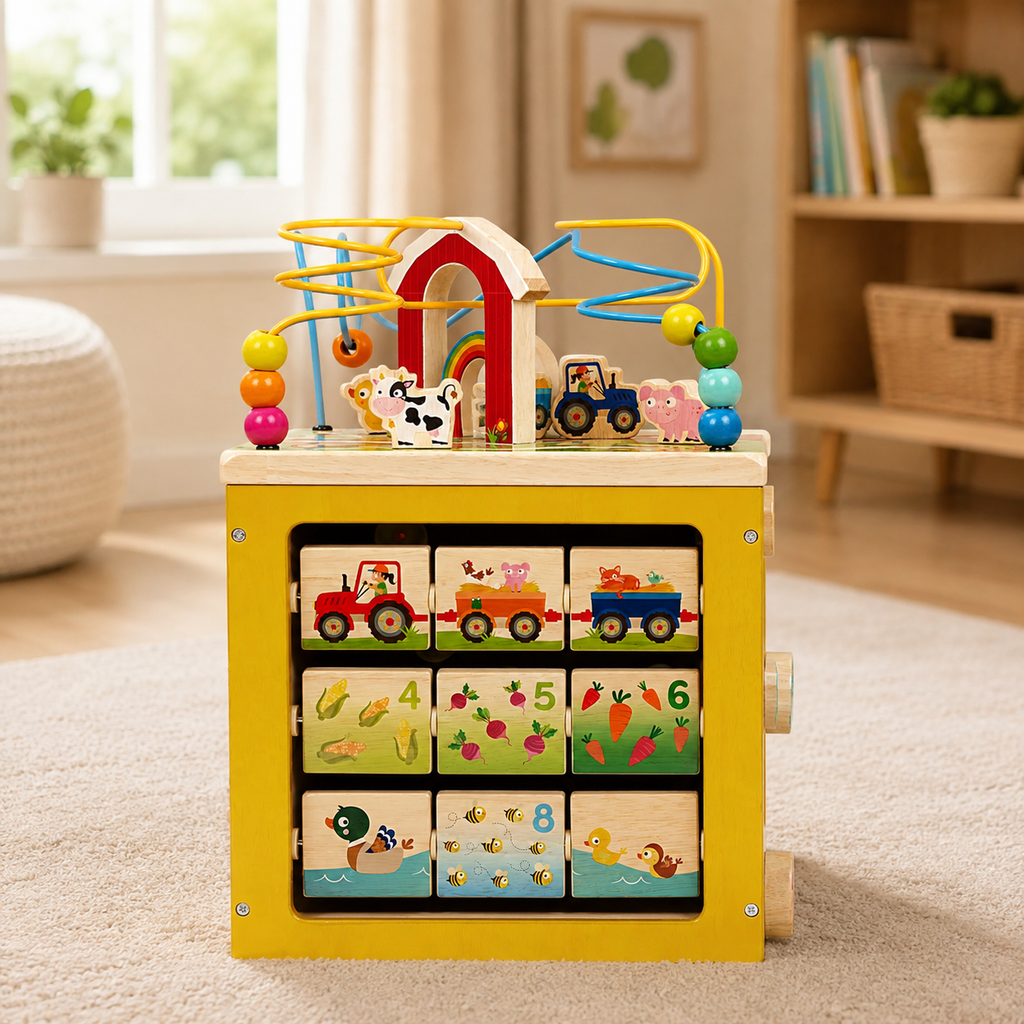 Wooden Barnyard Activity Cube